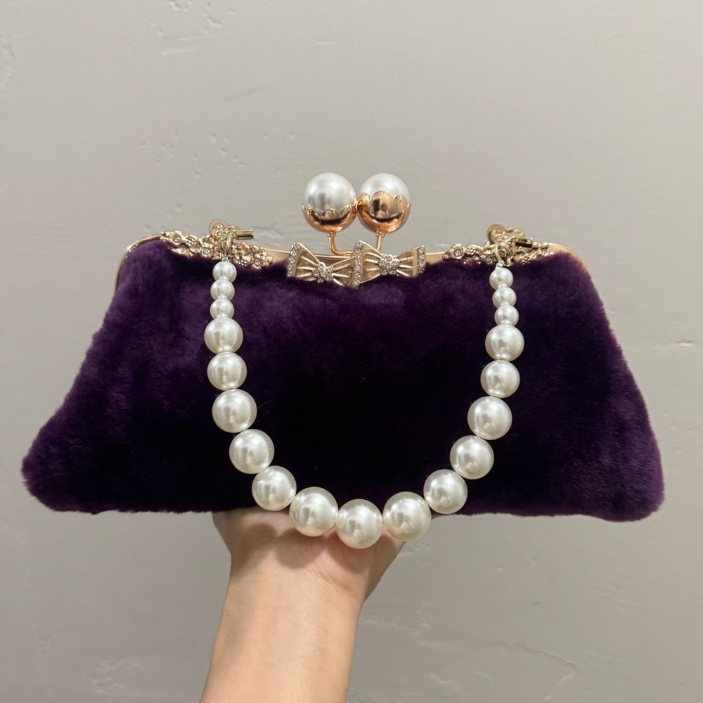 Purple Real Shearling Leather “Pearl” Kisslock Clutch Bag/Evening Bag/Crossbody